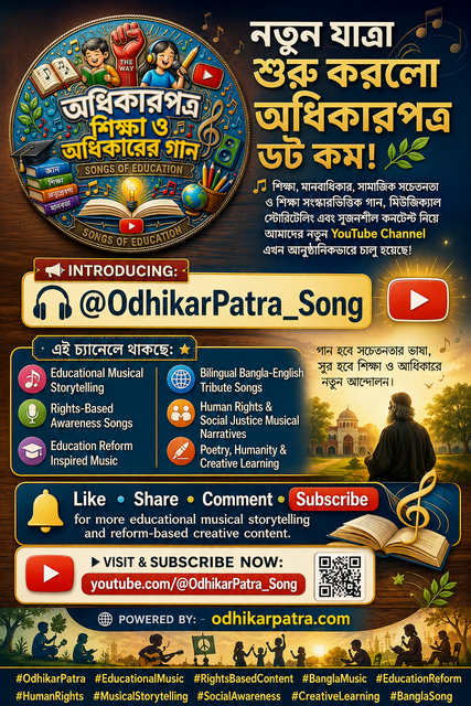 বিশেষ ঘোষণা : 🎶 নতুন যাত্রা শুরু করলো অধিকারপত্র ডট কম! 🌿 শিক্ষা, মানবাধিকার, সামাজিক সচেতনতা ও শিক্ষা সংস্কারভিত্তিক গান, মিউজিক্যাল স্টোরিটেলিং এবং সৃজনশীল কনটেন্ট নিয়ে আমাদের নতুন YouTube Channel এখন আনুষ্ঠানিকভাবে চালু হয়েছে! @OdhikarPatra_Song